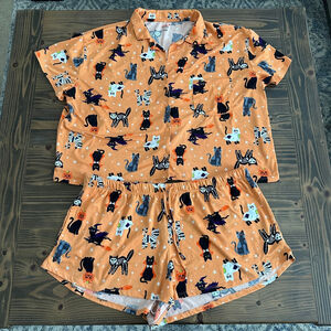 Celebrate Halloween Cat Pajama Set XL Orange Button Up Shorts Plus
